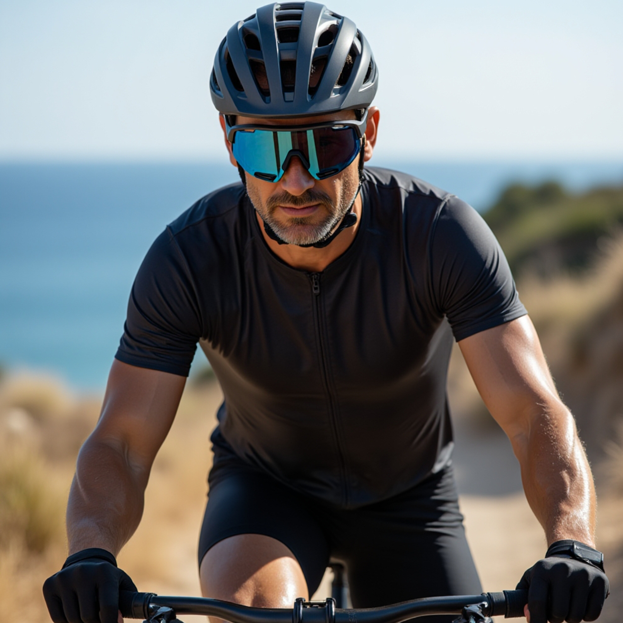 Cyclist wearing E3 Optics E8 Series sunglasses – blue mirrored sport eyewear designed for cycling performance.
