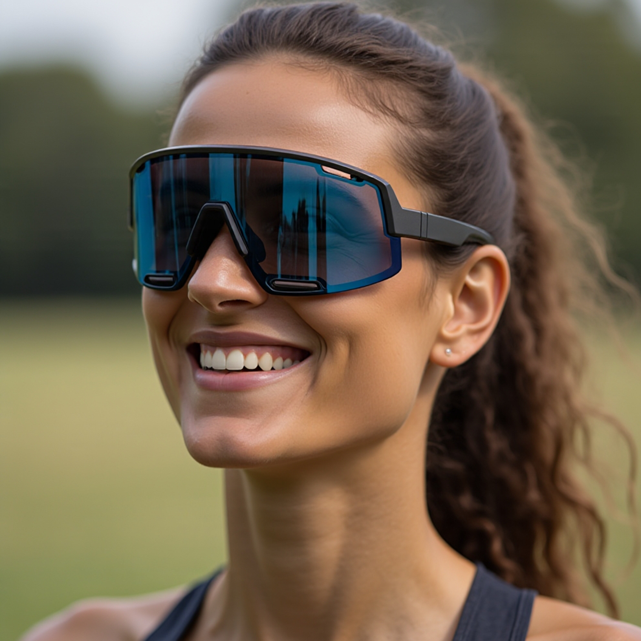 Woman wearing E3 Optics E8 Series sunglasses – stylish sport eyewear with blue mirrored lenses for running and training.