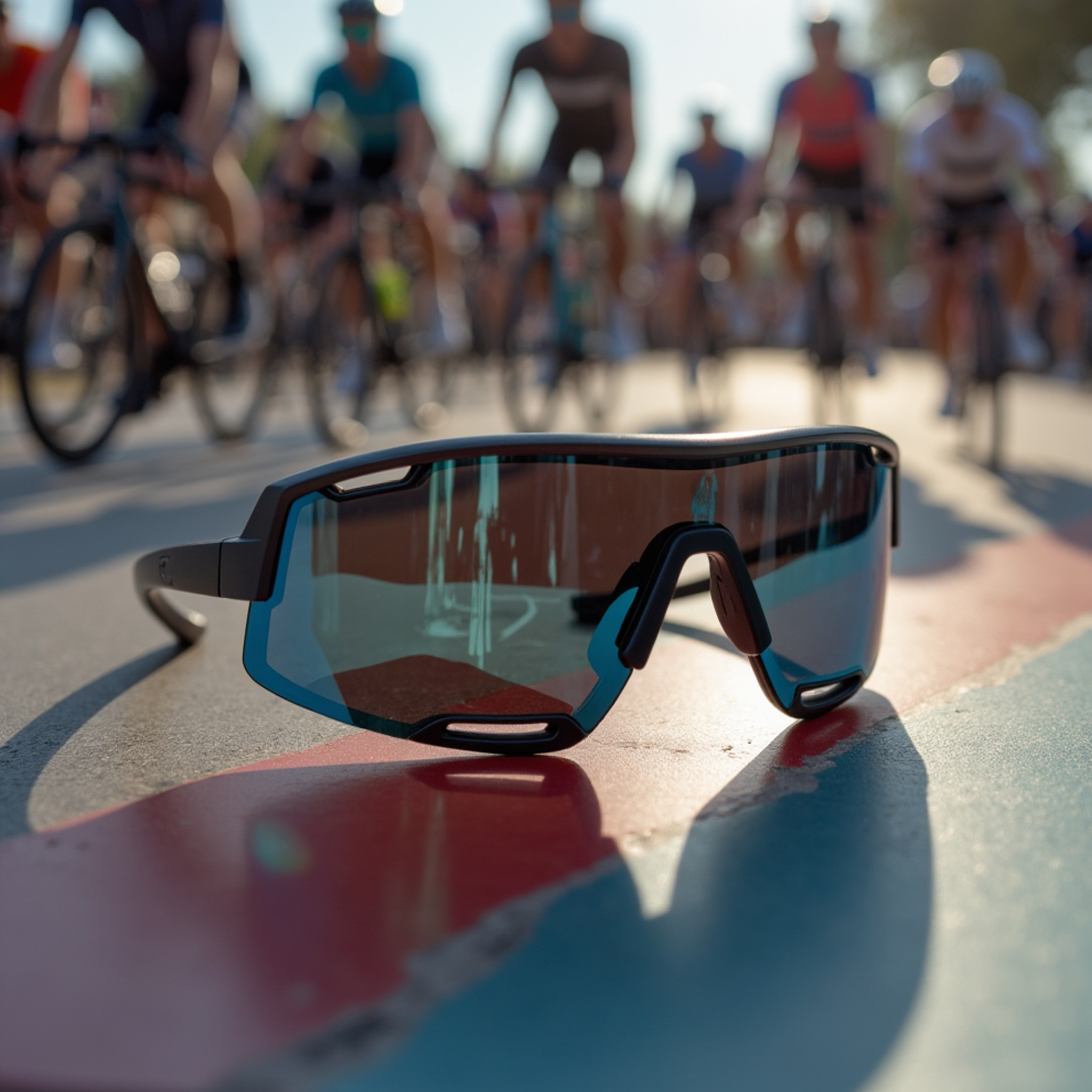 E3 Optics E8 Series sunglasses trackside – performance eyewear for cycling, racing, and outdoor sports.