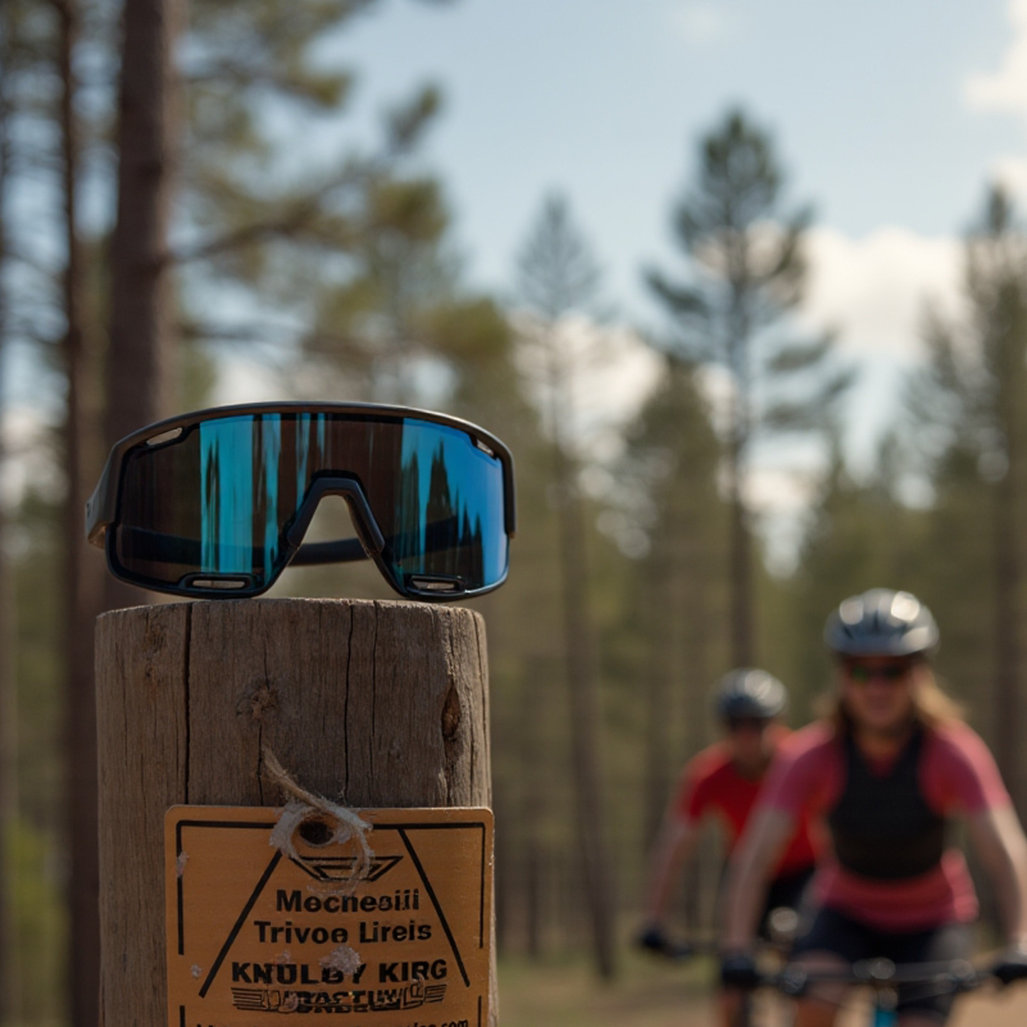 E3 Optics E8 Series sunglasses displayed trailside – durable blue mirrored performance shades for hiking and adventure.