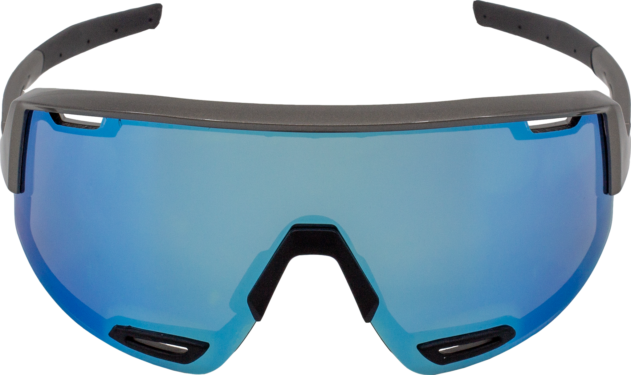E3 Optics E8 Series front view – performance sunglasses with full blue mirror shield lens and lightweight sport frame.