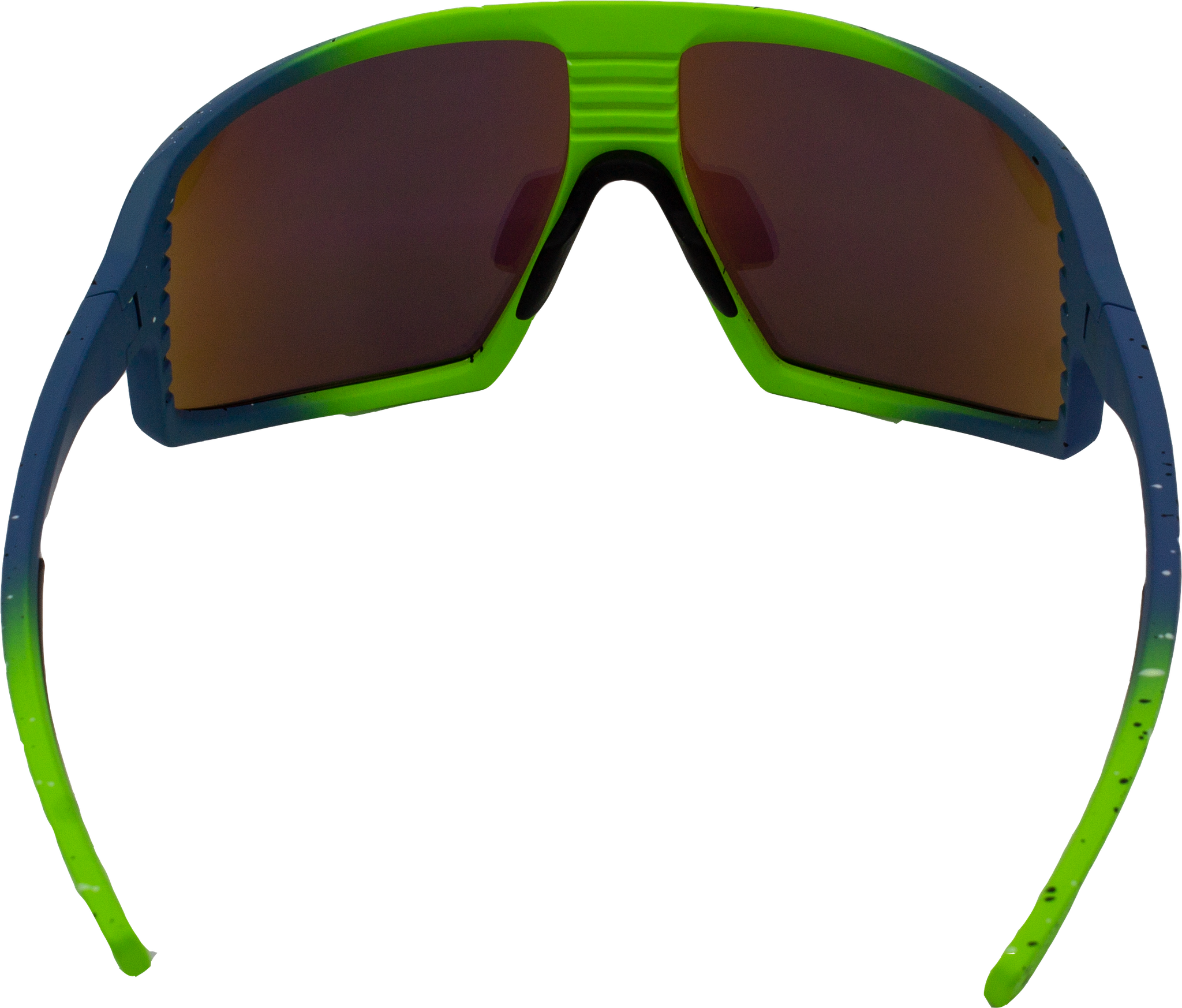 Back view of E3 Optics E9 sport sunglasses with green and blue splatter frame.