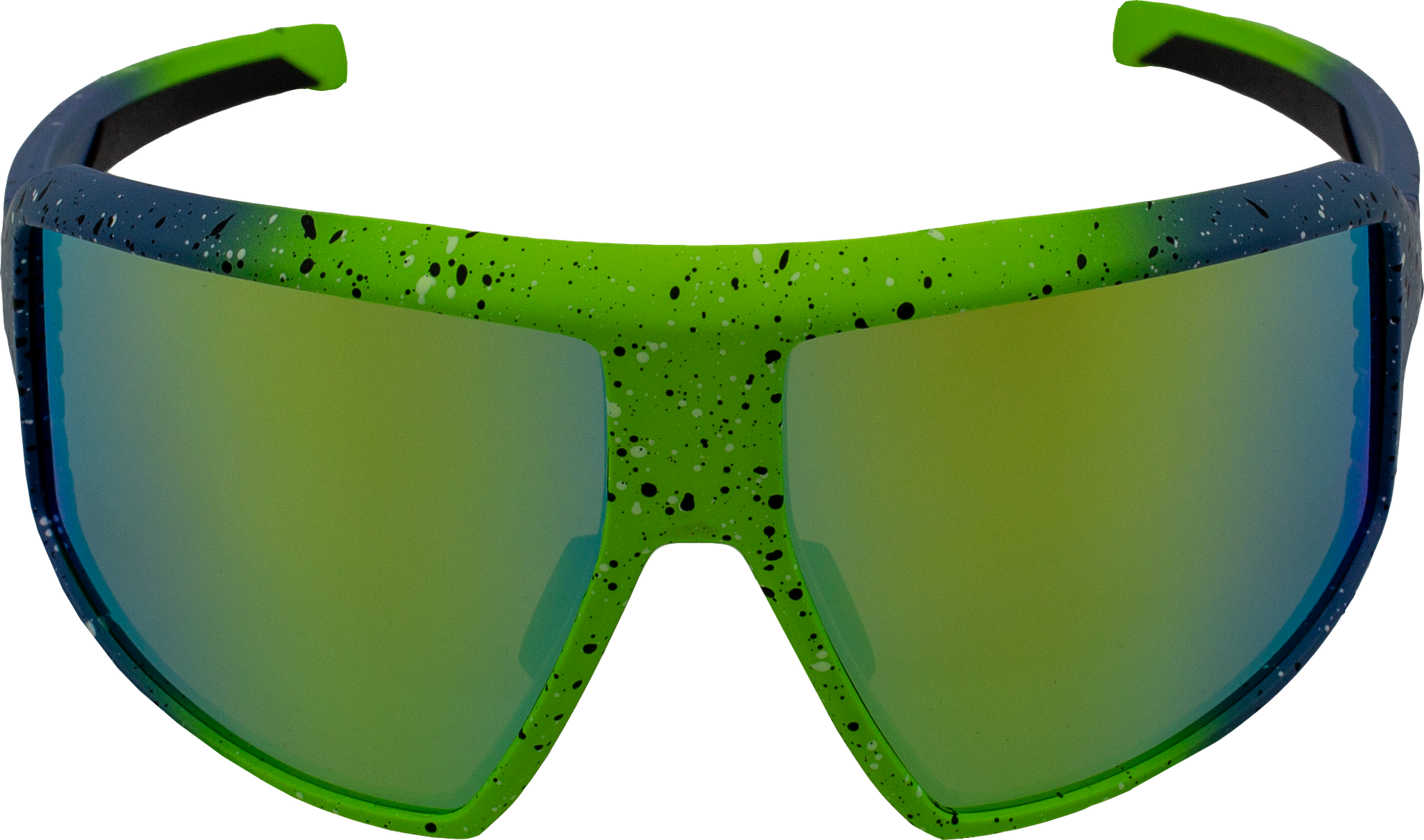 E3 Optics E9 sunglasses front view with green splatter frame and blue mirror impact resistant, precise lens.
