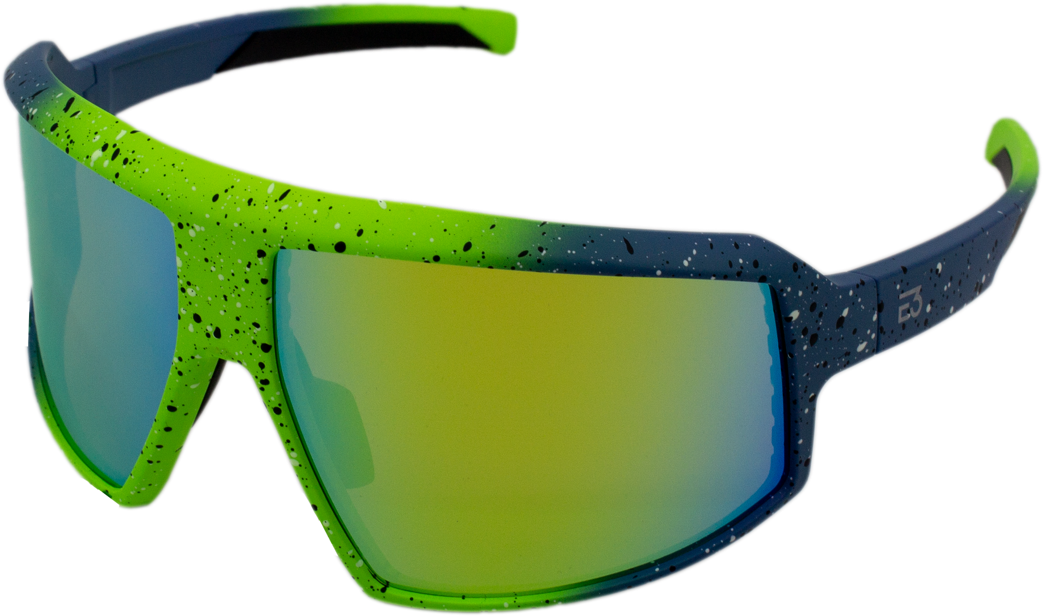Left angle view of E3 Optics E9 precise lens sunglasses in green splatter frame with gold mirror lenses.