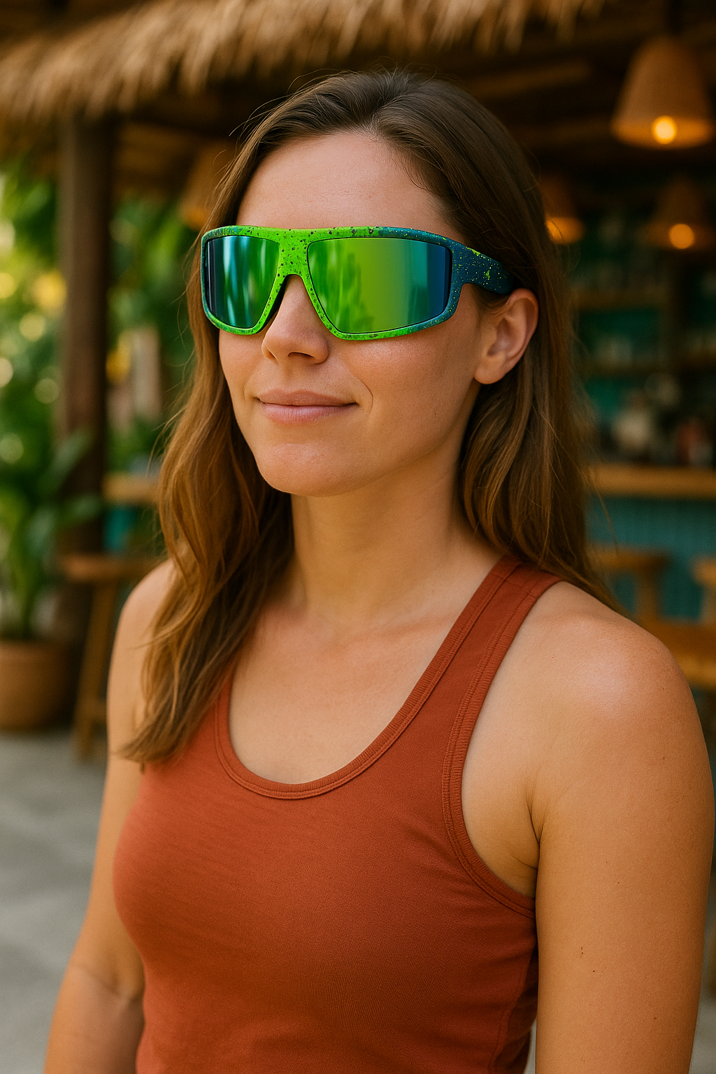 Female wearing E3 Optics E9 precise lens sunglasses with green and blue splatter frame, overlooking Mont Blanc.