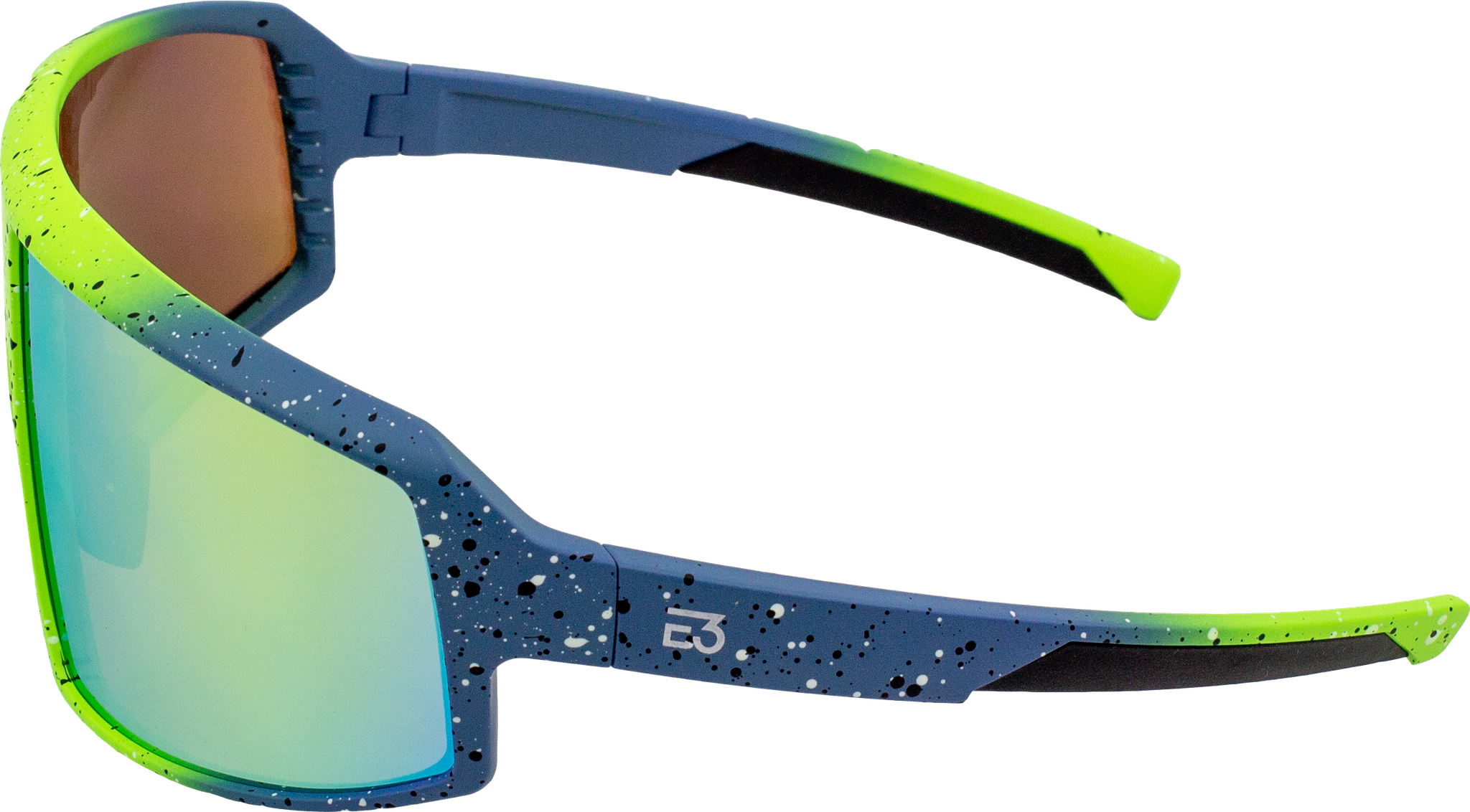 Side view of E3 Optics E9 precise lens sports sunglasses with wraparound green and blue splatter frame.
