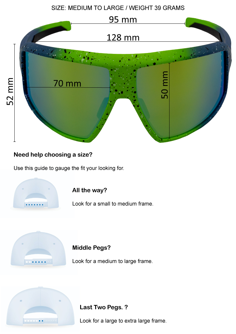 Green sunglasses with size and weight measurements on a white background