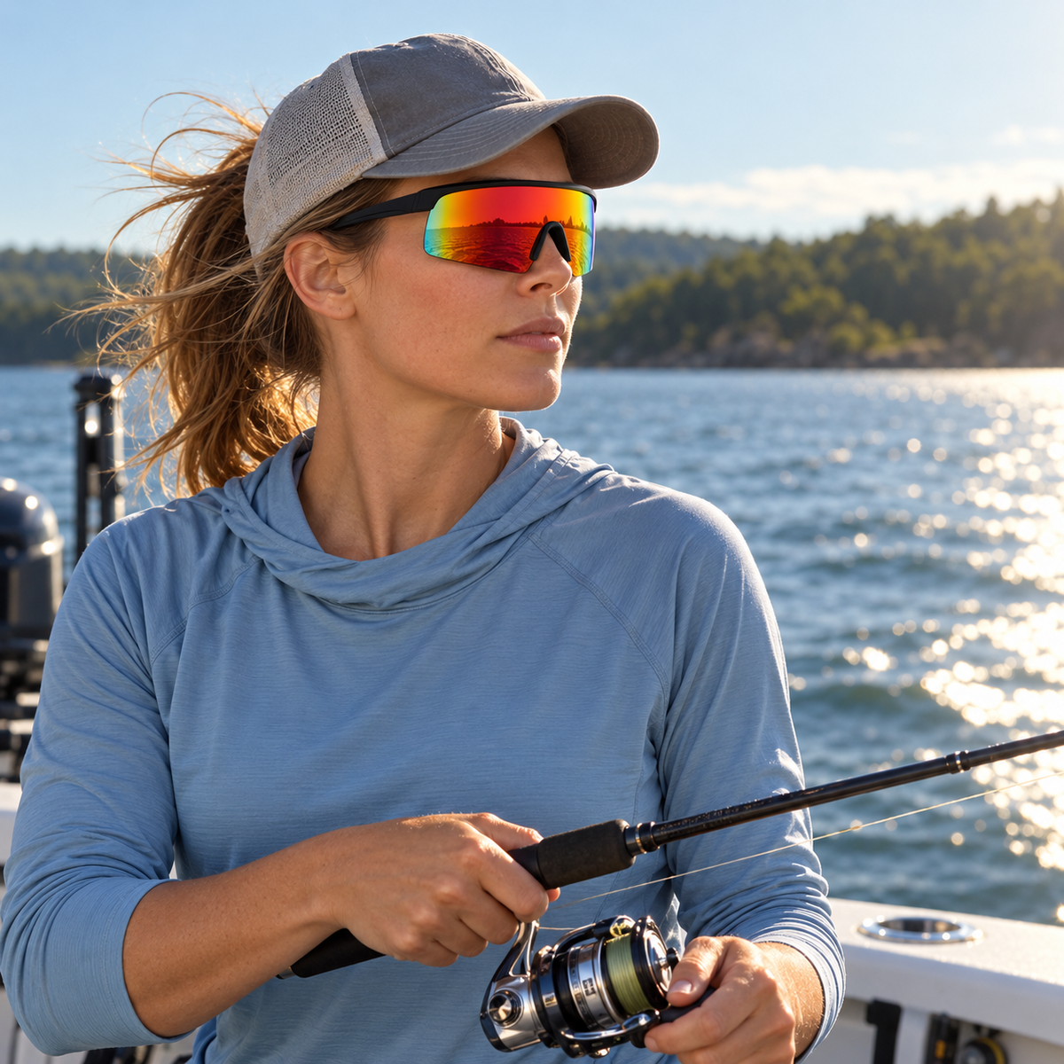 A woman on a boat wearing a gray trucker cap, reflective mirrored sunglasses, and a light blue long-sleeve athletic top, holding a fishing rod with a spinning reel. The background shows water and a tree-lined shore under bright sunlight.