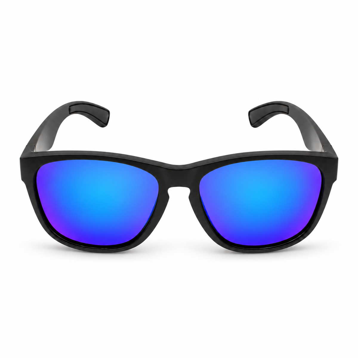 Black sunglasses with vibrant blue mirrored lenses, shown from a front-facing perspective on a clean white background.