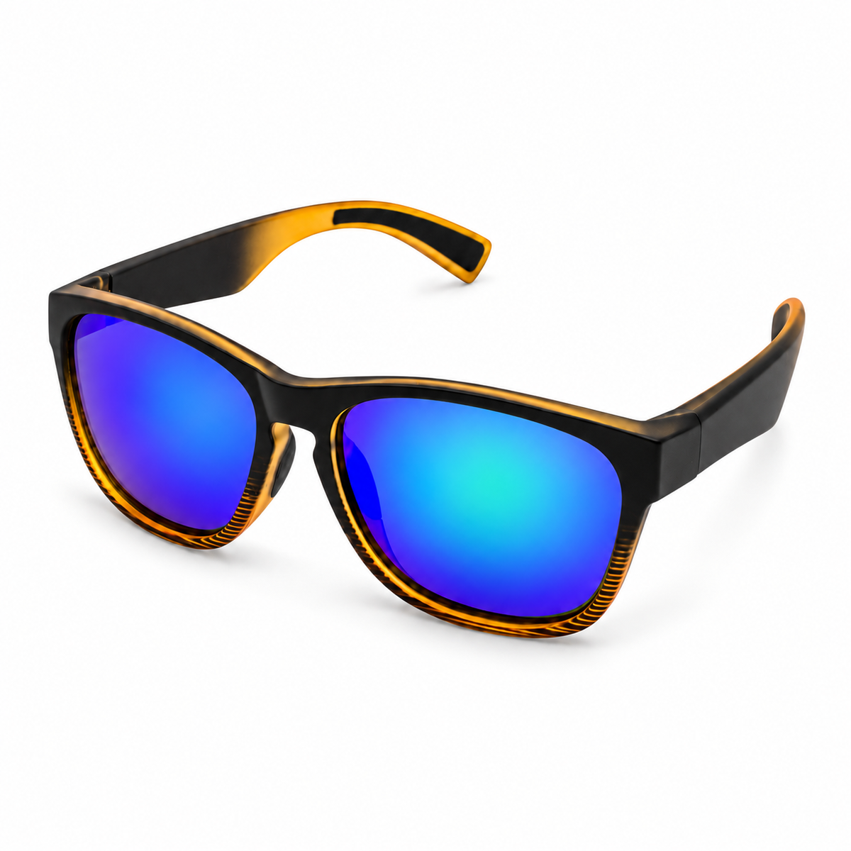 A pair of sunglasses with a black and amber-brown gradient frame and vibrant blue mirrored lenses, shown on a clean white background.