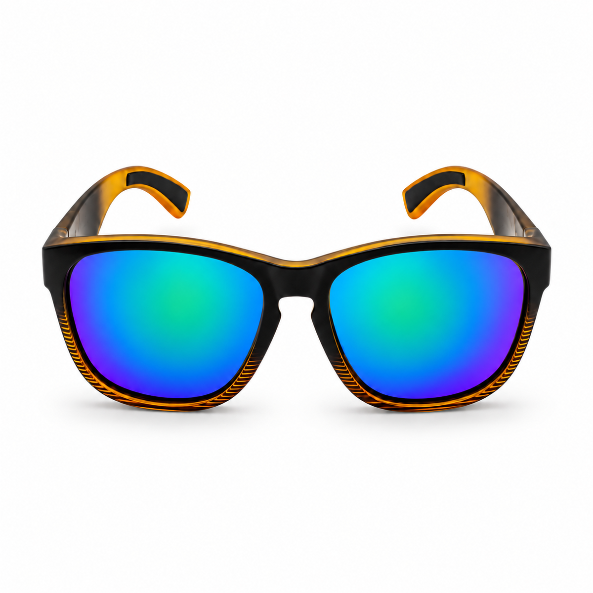 A pair of sunglasses with a black and amber tortoiseshell frame and vibrant blue-to-green mirrored lenses, shown against a plain white background.
