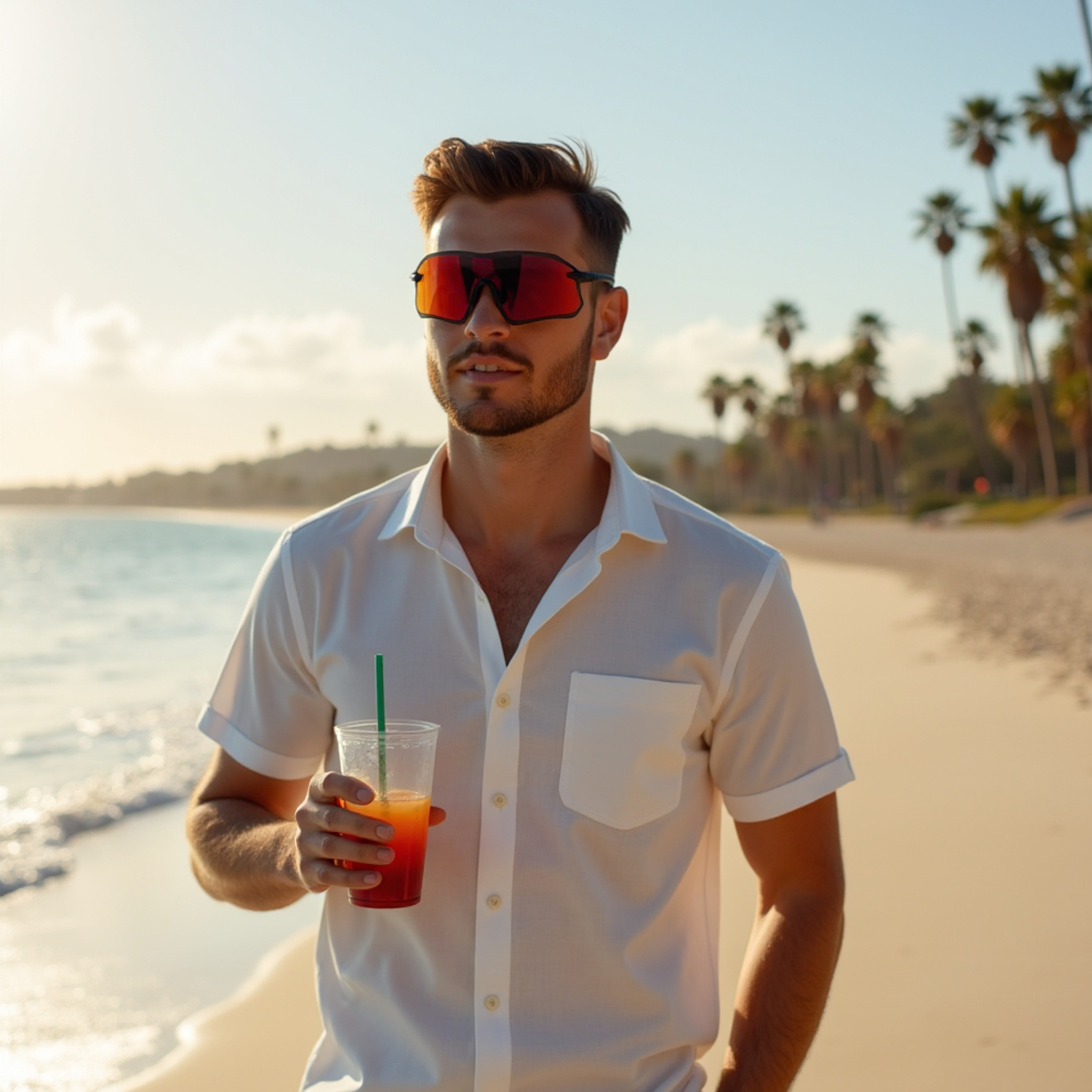 Man wearing E3 Optics E14 frameless sunglasses at beach – precise lens impact resistant lifestyle eyewear