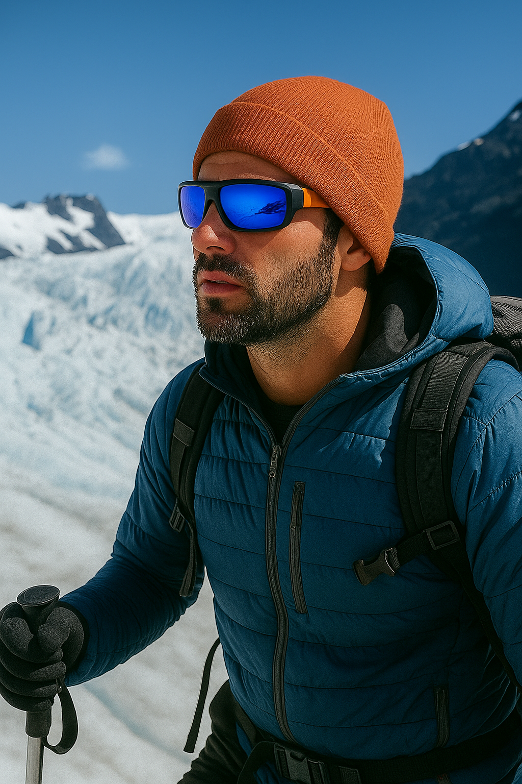 Man ice trekking wearing E3 Optics E15 polarized sunglasses – protective eyewear for extreme conditions.