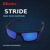 E3 Optics Stride polarized sunglasses video featuring fishing, hiking, city scenes and mirrored lens color options.