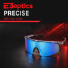 E3 Optics Precise performance eyewear video featuring a blue mirrored shield lens, wraparound coverage, wide field of view, and three frame and lens color options.