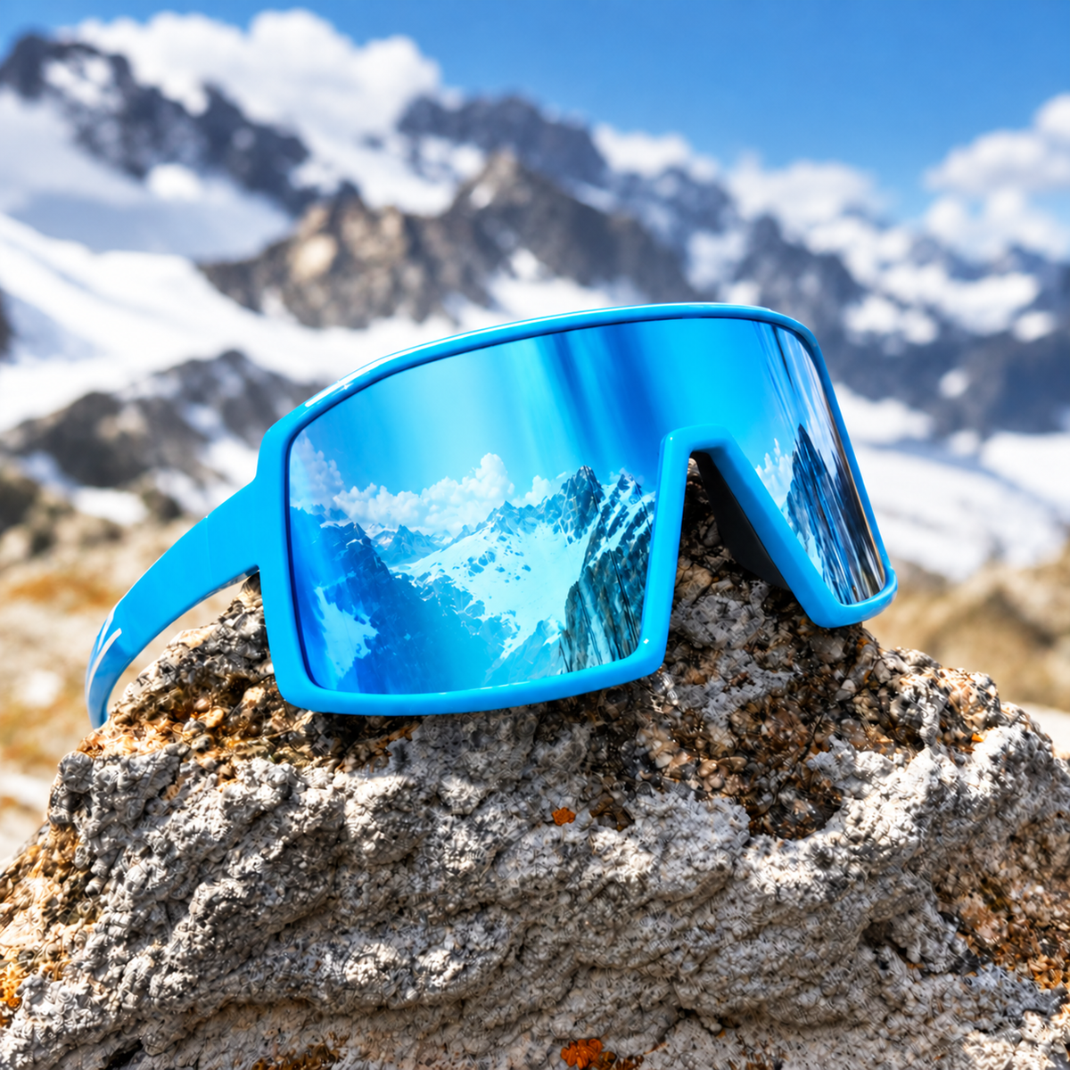 Blue wraparound sports sunglasses with mirrored lenses resting on a rock, with a snowy mountain landscape in the background.