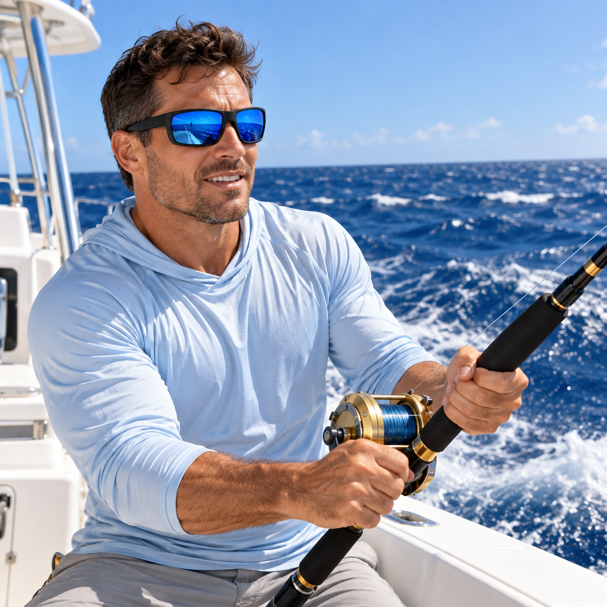 A man wearing a light blue long-sleeve performance shirt and blue mirrored sunglasses sits on a boat, holding a fishing rod with a spinning reel over the open ocean.