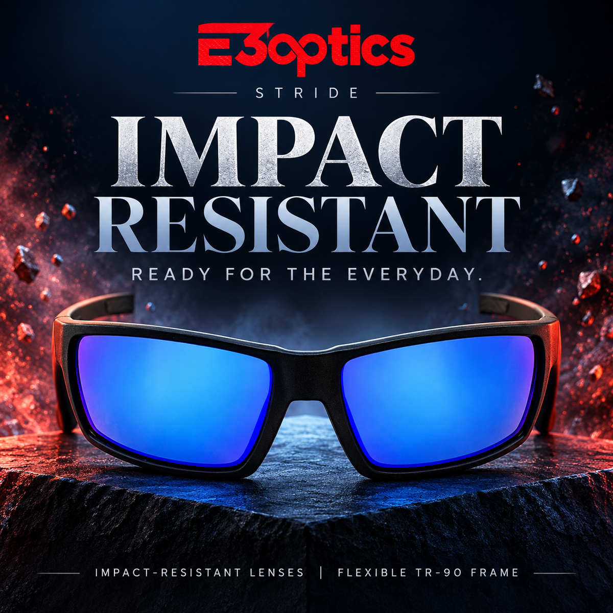 E3optics Stride impact-resistant sunglasses with black frames and blue mirrored lenses, displayed on a dark textured surface with dramatic red and blue lighting and promotional text.
