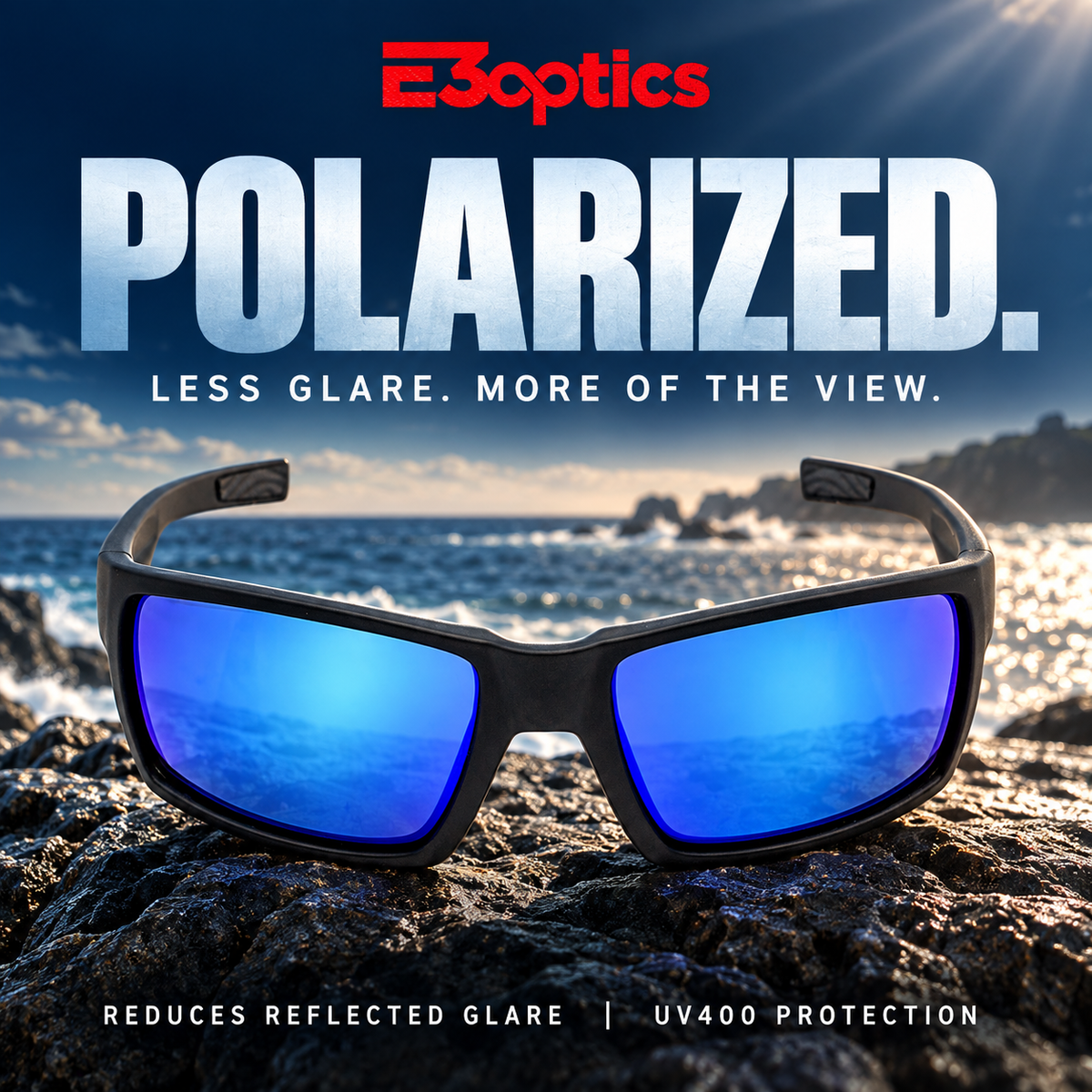 E3optics Polarized sunglasses with black frames and blue mirrored lenses, shown resting on rocks by the ocean with promotional text overlays.