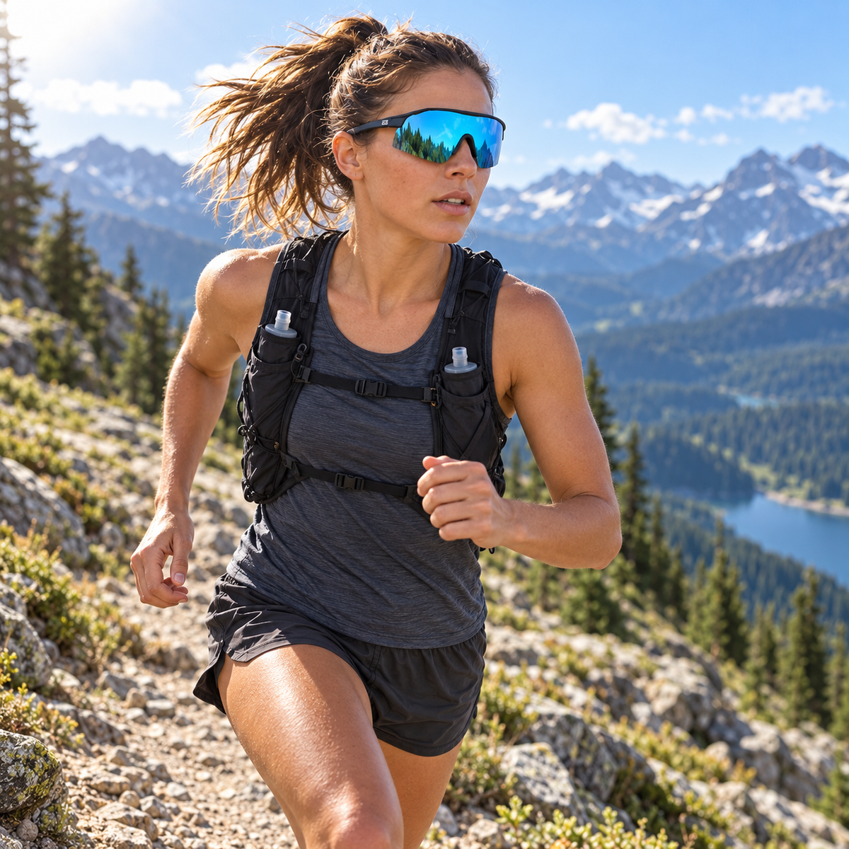 A woman trail running in a mountainous outdoor setting, wearing a dark gray athletic tank top, black shorts, a black hydration backpack, and reflective blue-tinted sunglasses.