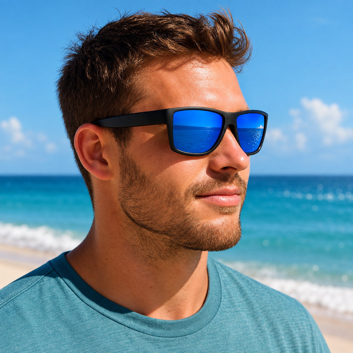A man wearing black sunglasses with vibrant blue mirrored lenses, photographed outdoors on a sunny beach with the ocean and blue sky in the background.