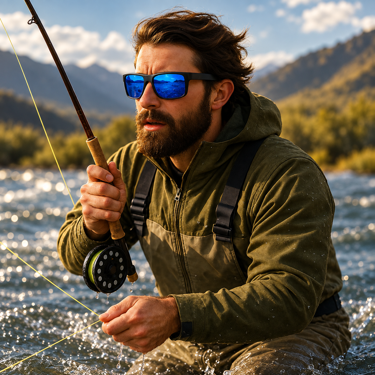 A bearded man wearing sunglasses and a green fly-fishing jacket stands knee-deep in a river, holding a fly rod. Mountains and trees are visible in the background.