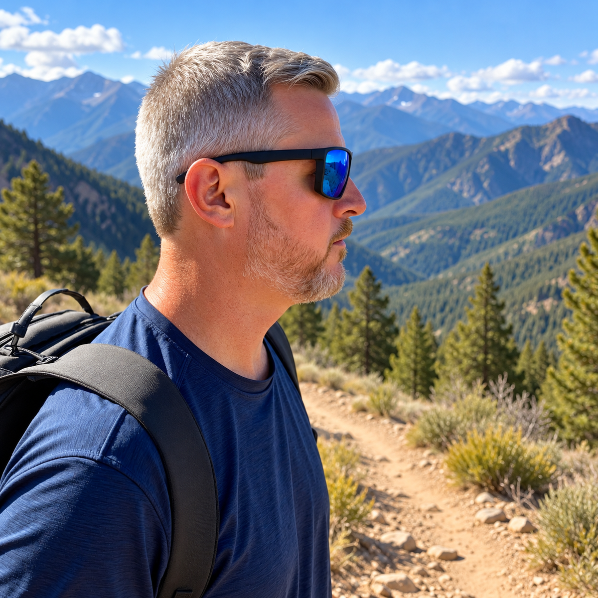 A man in profile wearing blue mirrored sunglasses, a navy blue t-shirt, and a black backpack, set against a scenic mountain landscape with pine trees and a dirt trail.