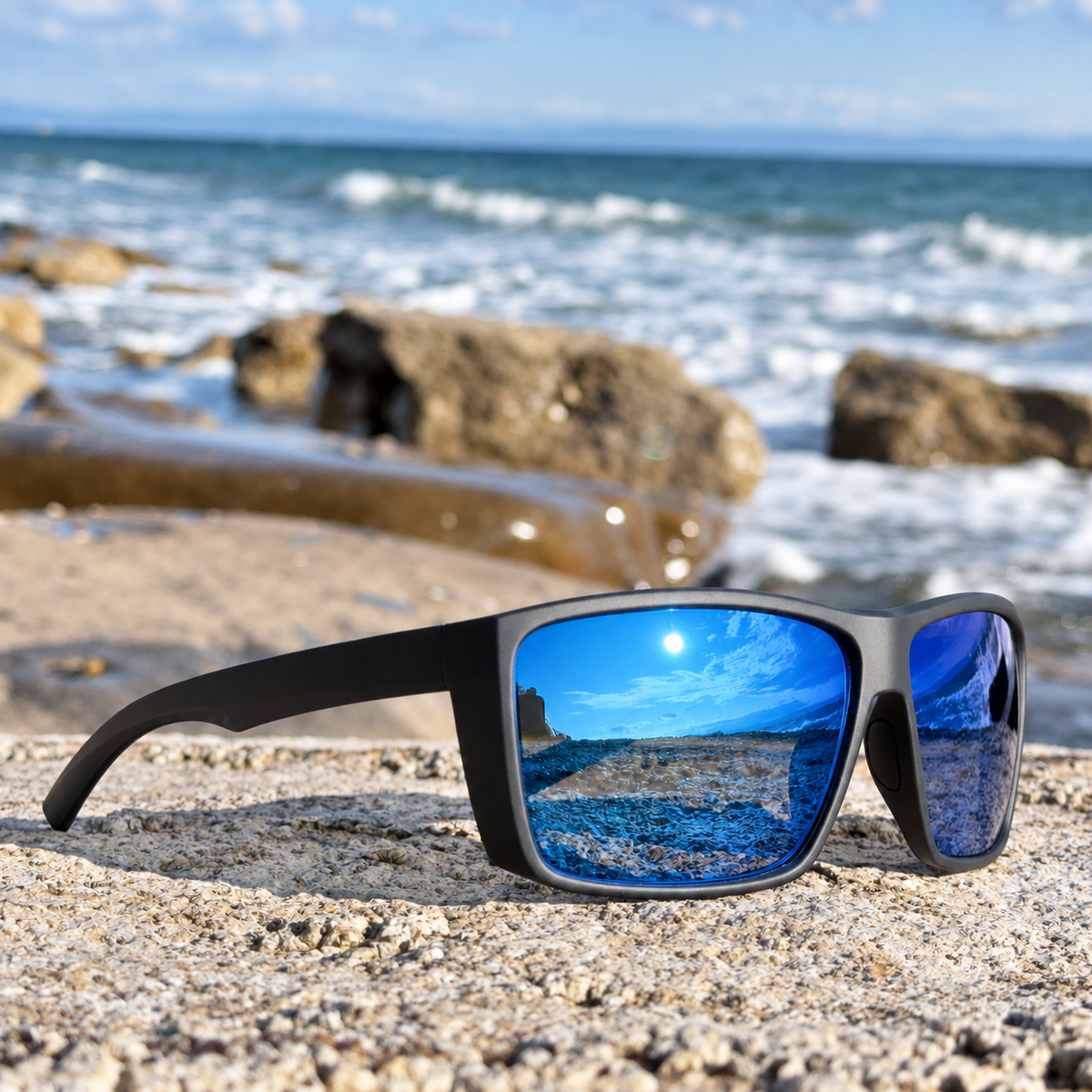 Black square sunglasses with blue mirrored lenses resting on a sandy beach with the ocean and rocks in the background.