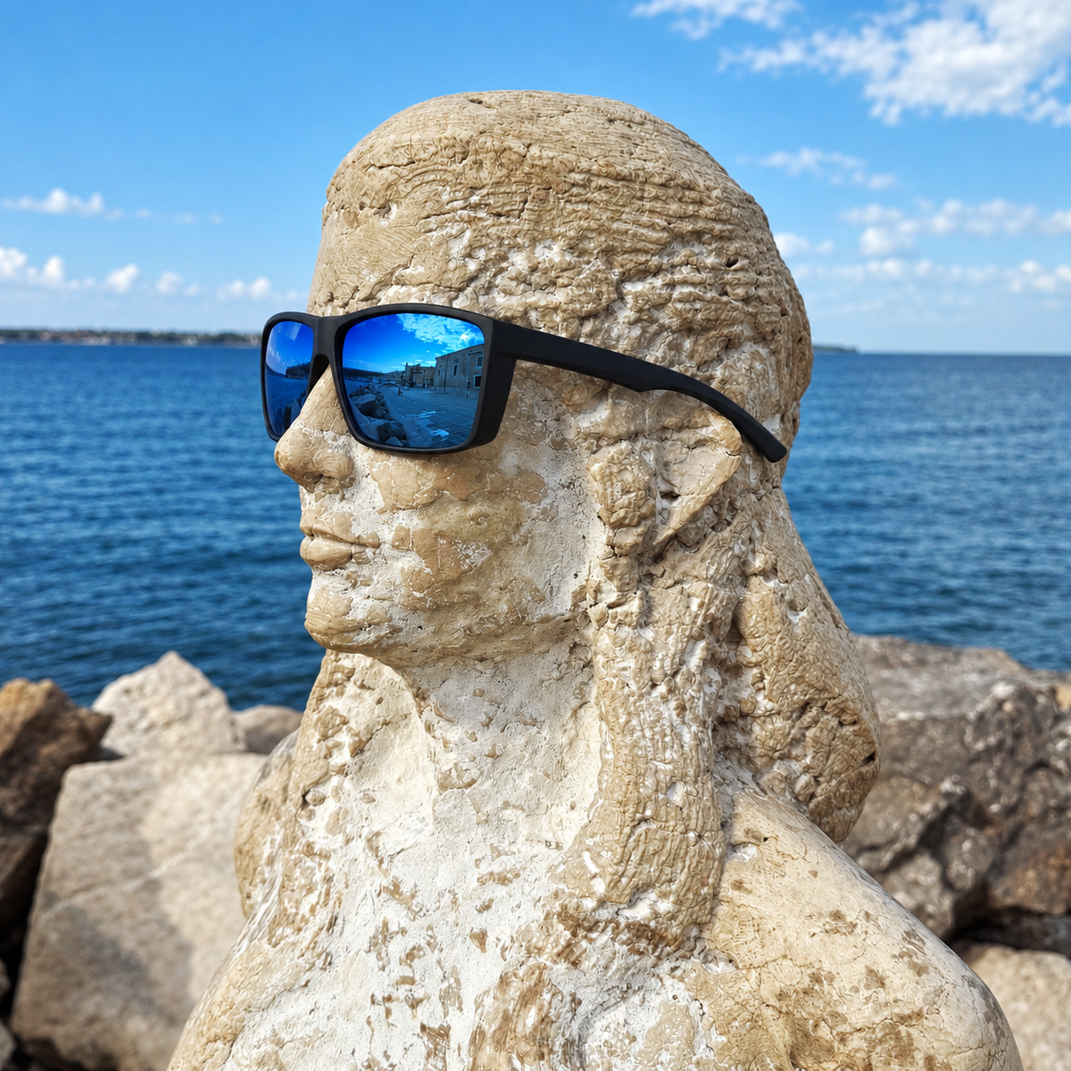 Black sunglasses with blue mirrored lenses resting on a stone statue outdoors, with the ocean and blue sky in the background.