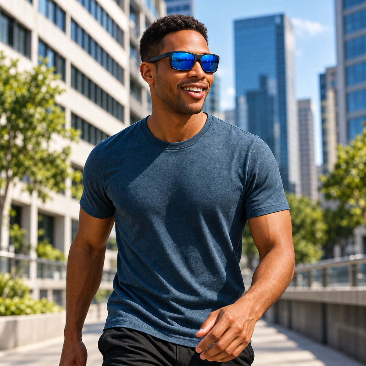 A man wearing a heathered navy blue crewneck t-shirt and blue mirrored sunglasses walks outdoors on a city walkway with modern buildings in the background.