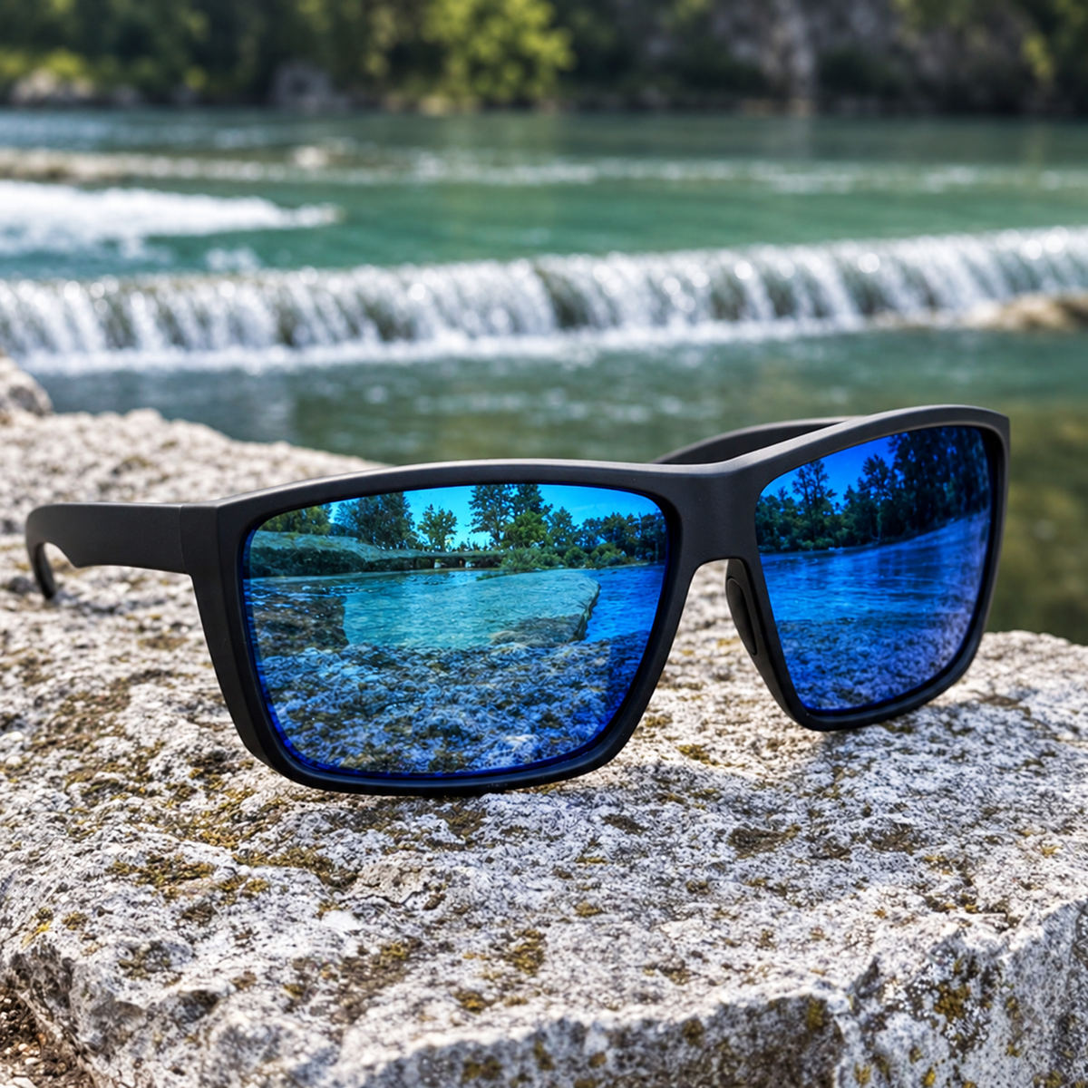 Black square sunglasses with vibrant blue mirrored lenses resting on a textured stone surface, with a scenic river and waterfall in the background.